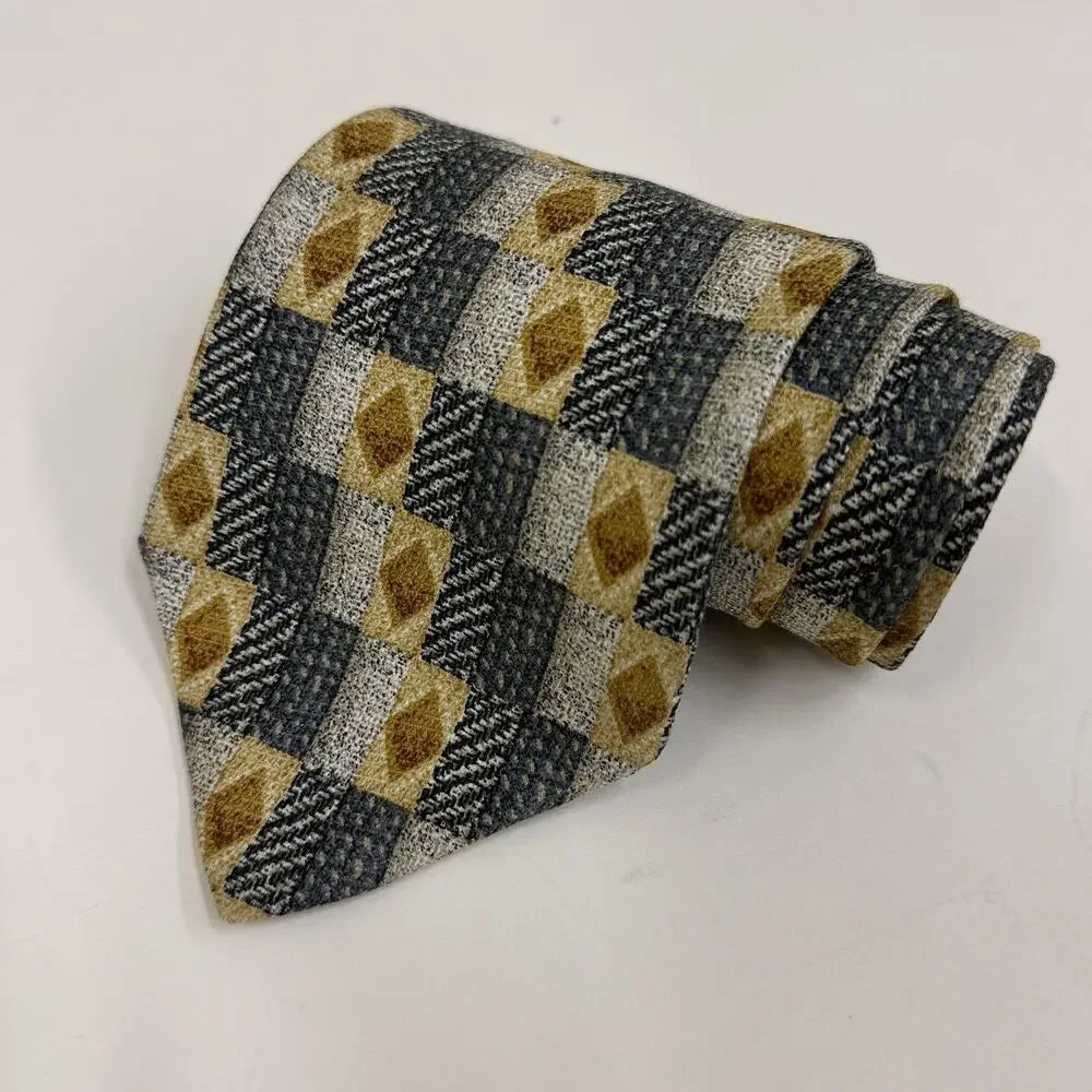 Ermenegildo Zegna Gray Gold Geometric Check Silk Tie Made in Italy Disegno